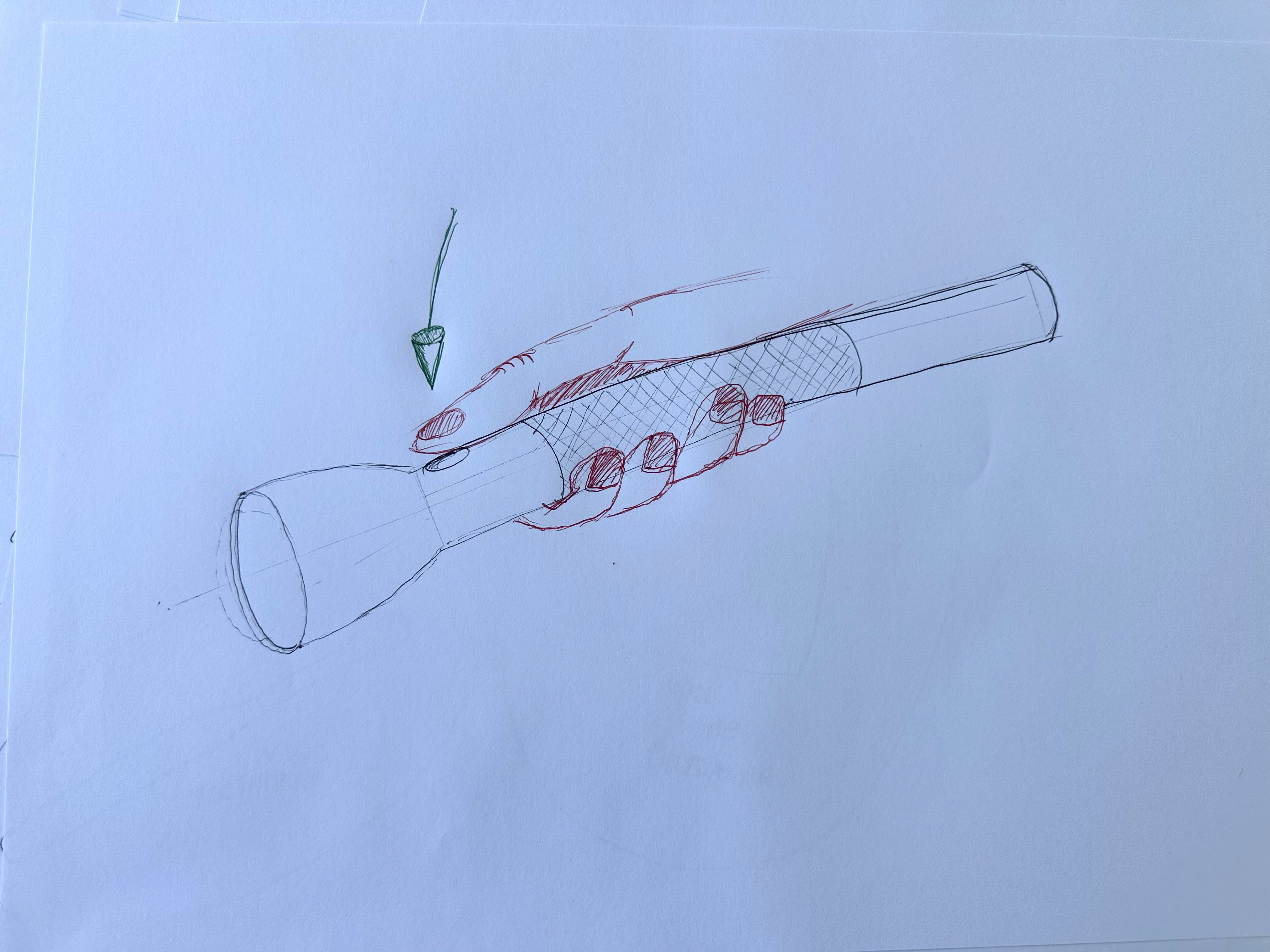 Sketch of a hand gripping the Maglite, with the knurled texture band and button position marked, and a green arrow showing minimal thumb movement to the button